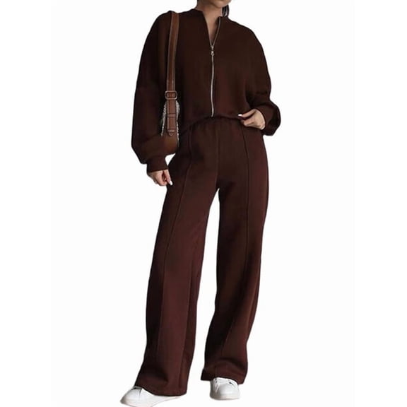 Women 2 Piece Sweatsuits Set Zip Up Sweatshirt Wide Leg Sweatpants Loungewear Outfit Coffee Color L