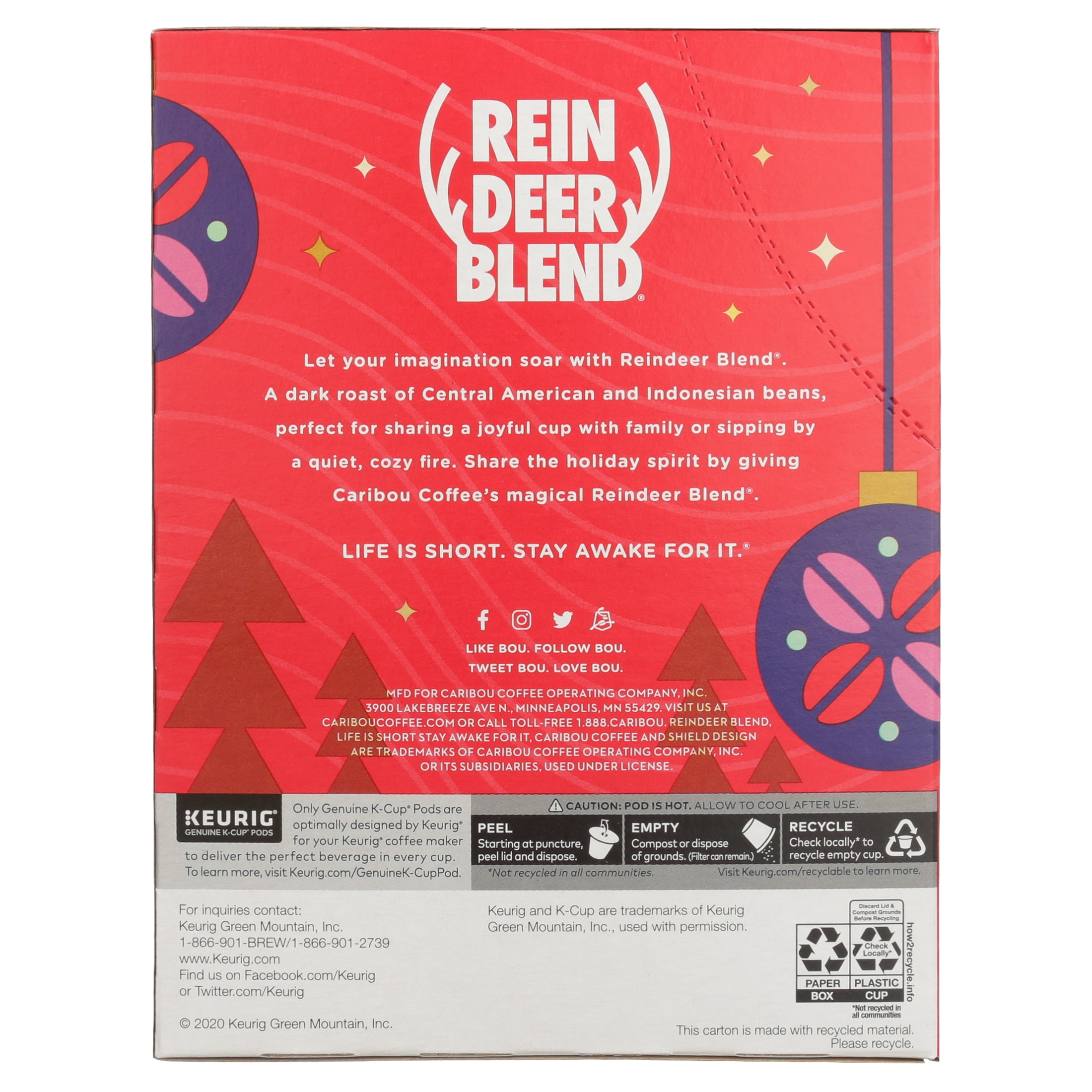 Caribou Coffee Reindeer Blend K-Cup Coffee Pods, Dark Roast, 22 Count For Keurig Brewers