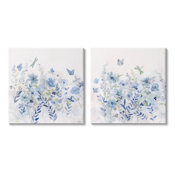 Fluttering Insects Blooming Blue Garden Botanical & Floral Graphic Art Gallery Wrapped Canvas Print Wall Art, Set of 2