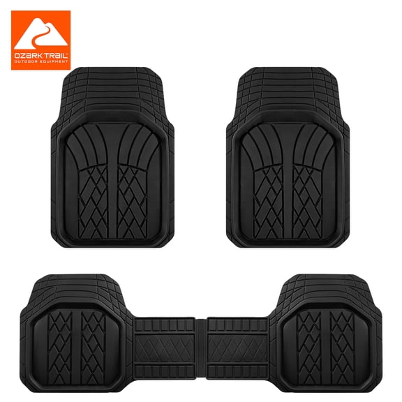 Ozark Trail Rubber Car Floor Mats, Heavy Duty Rubber Floor Mats, Injection Molded Aluminum Film, Trim-to-Fit All Weather Mats, Waterproof Easy-Clean Front and Rear Interior Protection, 3 Piece Black