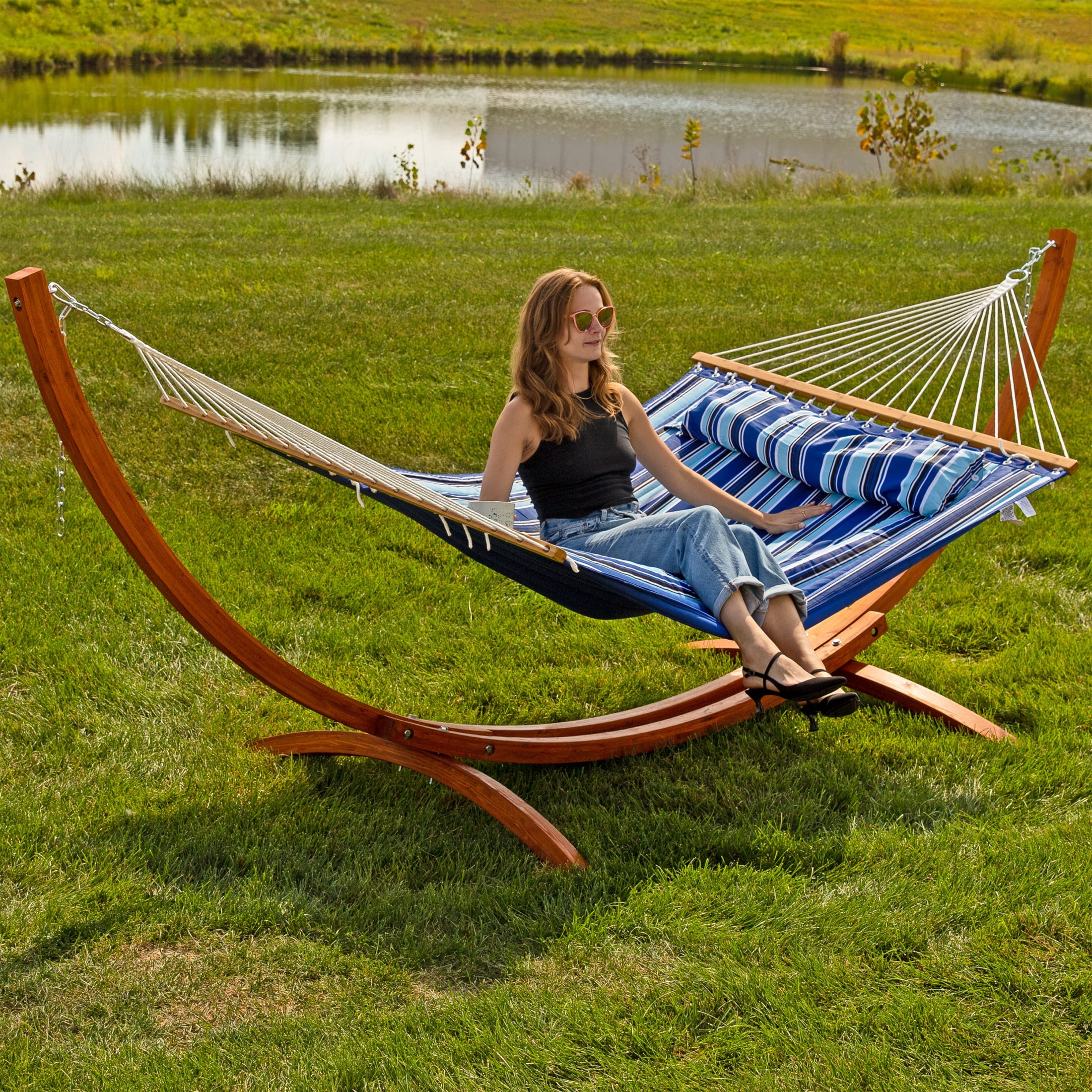 Sunnydaze 2-Person Polyester Spreader Bar Hammock with Stand, 400 lb Capacity - Catalina Beach