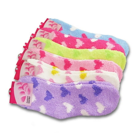 Fuzzy Alligator - Women's Fuzzy Crew Soft Socks Winter Warm Dots Stripes Solid Color 6 or 12 Pairs (Hearts, 6 Pairs)