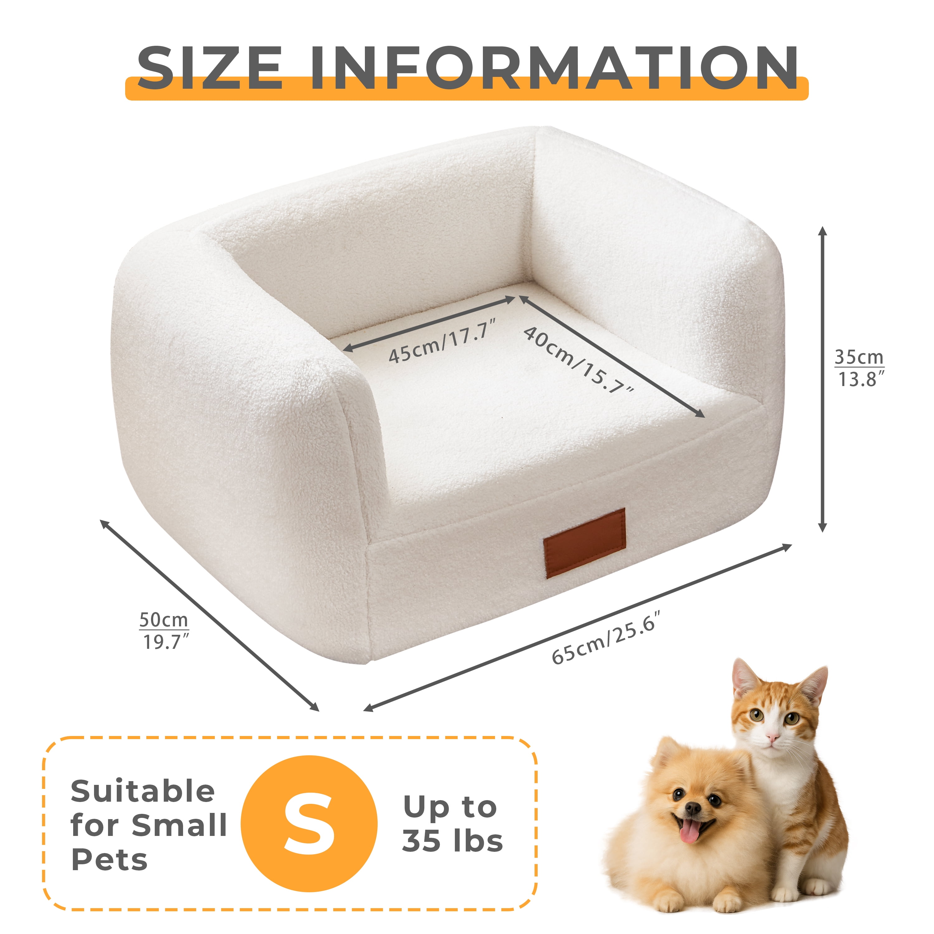 25.6''W White Modern Elegant Faux Shearling Dog Bed Cat Bed for Medium Pets under 35lbs, Luxury Indoor Pet Bed Furniture Style Orthopedic Elevated Dog Sofa Pet Couch with Leather Nameplate
