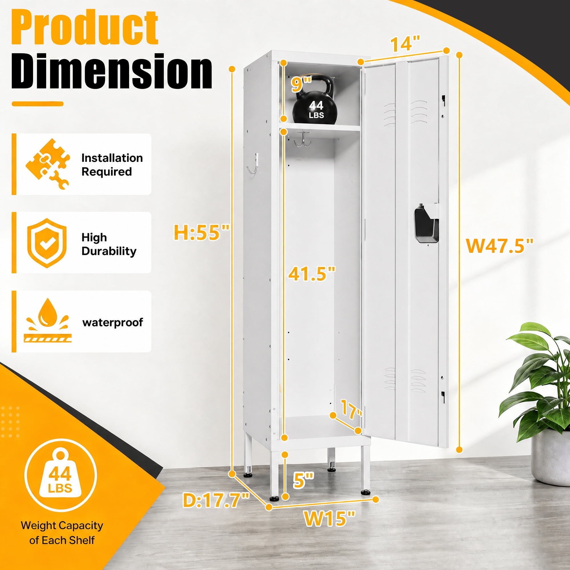 HOQBN 55" Tall Metal Wardrobe Cabinet,Waterproof Steel Clothing Storage Locker with Ventilated Door,Lock & Side Hooks,Vertical Bedroom Wardrobe for Small Apartment Home Office,White