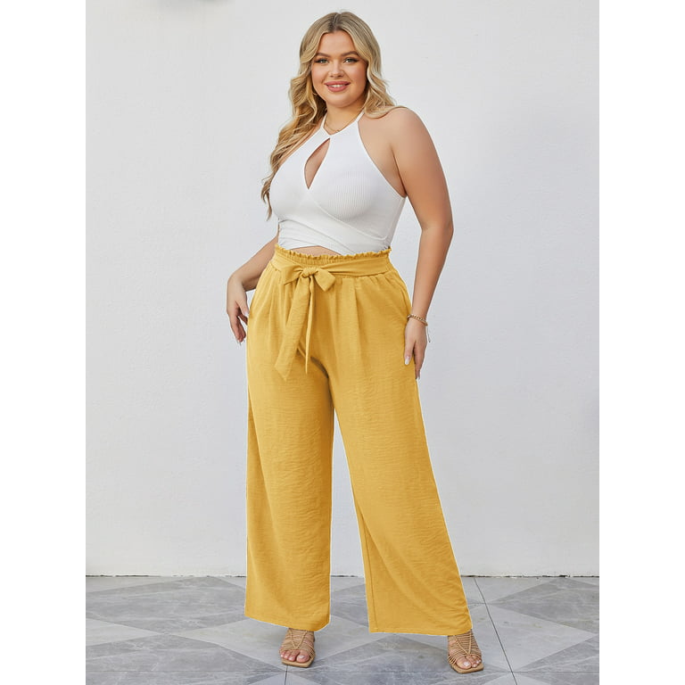 Chiclily Belted Wide Leg Pants for Women High Waisted Business Casual Palazzo  Pants Work Trousers Loose Flowy Summer Beach Lounge Pants with Pockets, US  Size Small in Yellow 