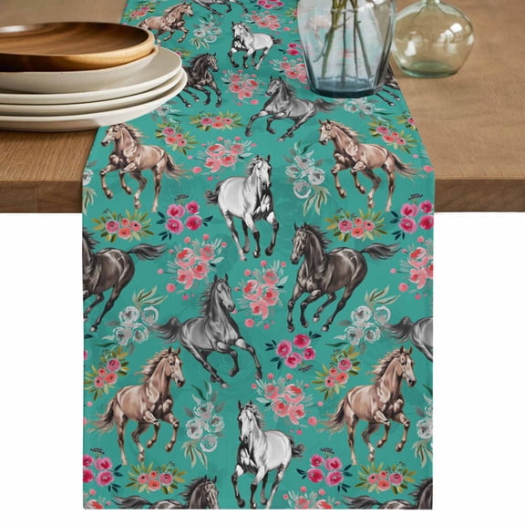 Table Runner 90 Inches Long for Kitchen Dining, Pink Flowers Dresser Scarf Farmhouse, Dining Table Decorations for Wedding/Parties, Black Brown White Horse Country Retro Teal 13 x 90 In