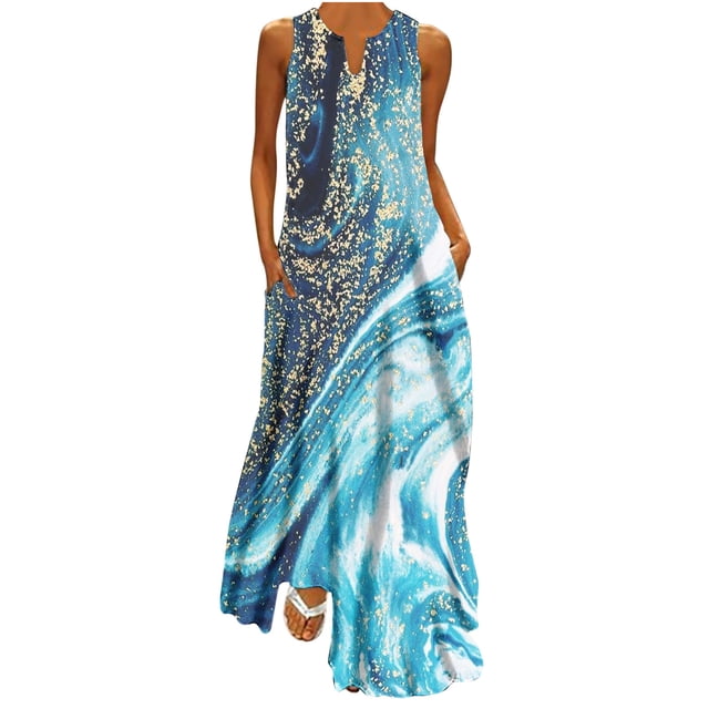 EQWLJWE Robe Longue pour Femmes Robe Décontractée Ample Imprimée Débardeur Plage Col en V avec Poches Robe d'Été Sans Manches