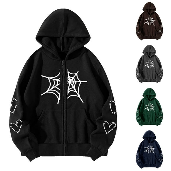Fanxing Juniors Plus Size Hoodies Sweatshirt Long Sleeve Zip Up Spider Net Print Casual Y2k Hooded Jacket with Pocket Green,XXXXL