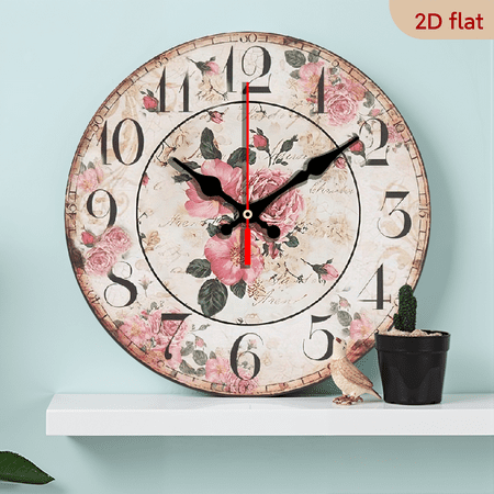 2D Flat 1pc 10Inch Rustic Farmhouse Pink Roses Wooden Wall Clock Silent Quartz Movement, Vintage Floral Design with Beige Background, AA Battery Operated (Not Included) for Kitchen Bedroom Living