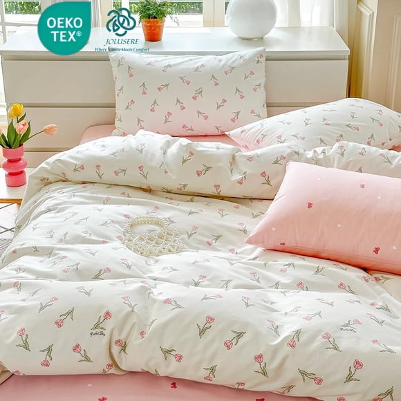 JOLUSERE 100% Organic Cotton Duvet Cover Set, 3 Pieces White Pink Floral Flower Tulip Reversible Soft Bedding Set Queen
