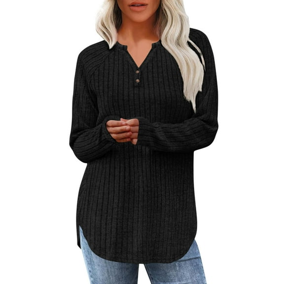 Htigea V-Neck Tshirt for Women Ribbed Long Sleeve Pullover Casual Loose Fit Shirts Trendy Curved Hem Tunic Tops Black S