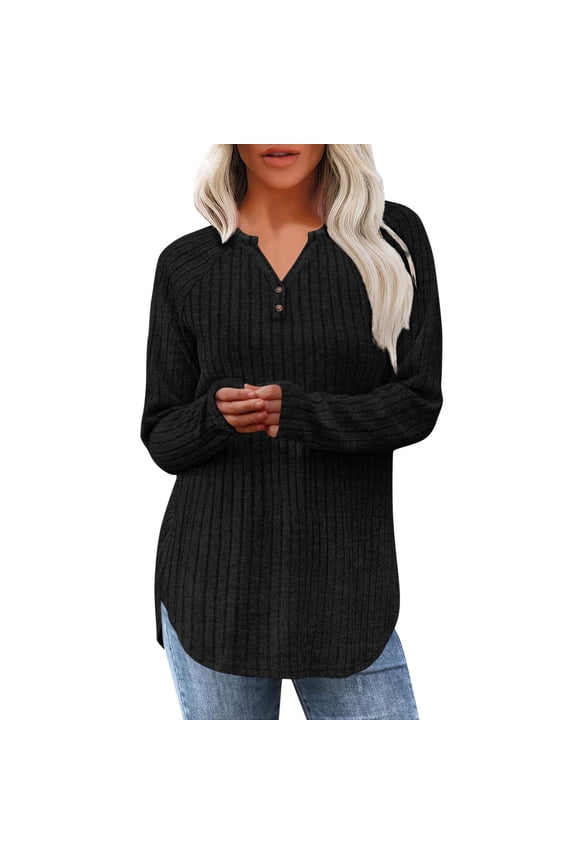 Tunic Tops for Women Loose Fit Dressy Ribbed Knit Long Sleeve Shirts Trendy Fall Fashion V Neck Sweaters Curved Hem