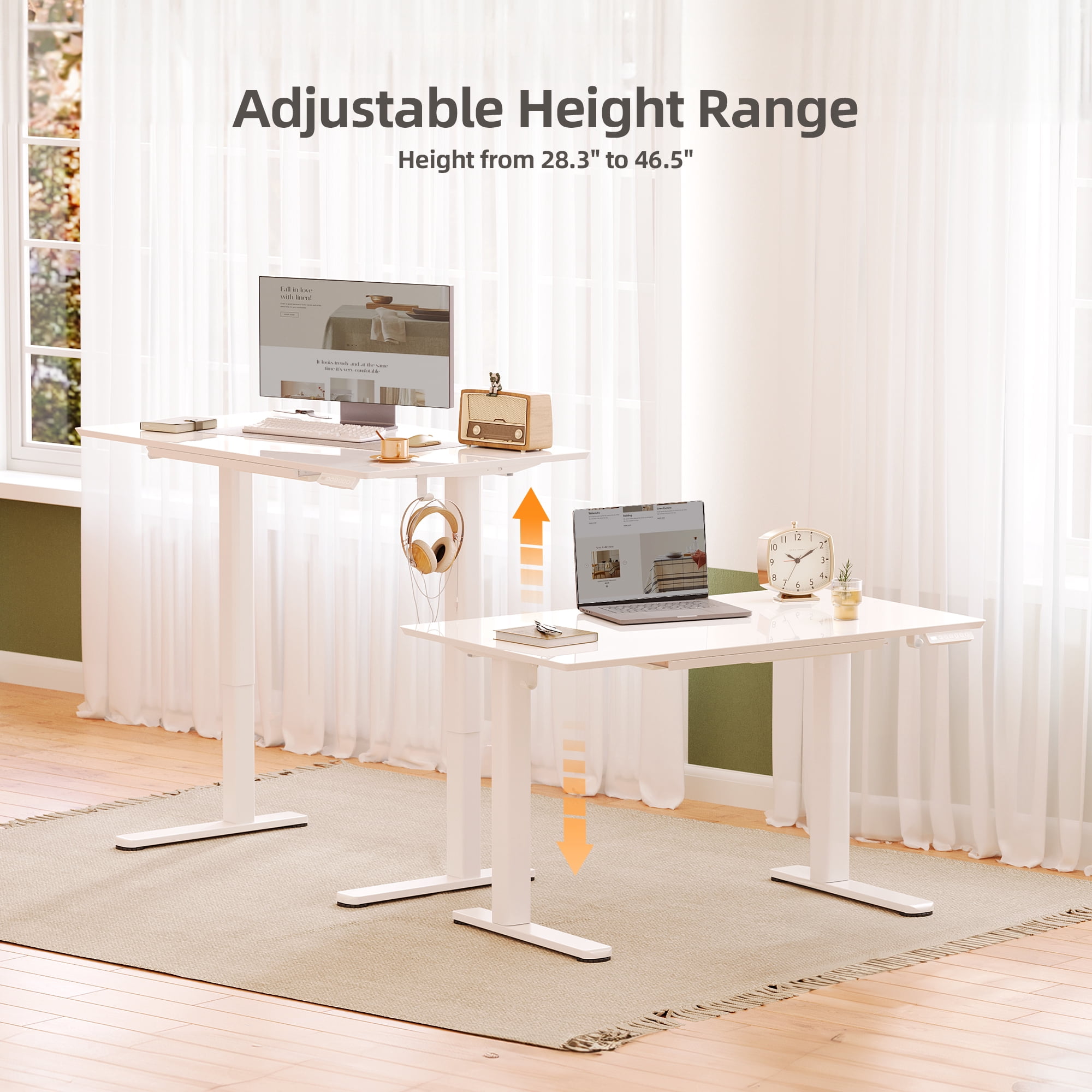 INNOVAR Glass Writing Desk,Electric Standing Desk with Drawers - 40×24 inch Tempered Glass Top Sit and Stand Adjustable Height Home Office Study Desk - Whole-Piece Stand up Desk, Super White
