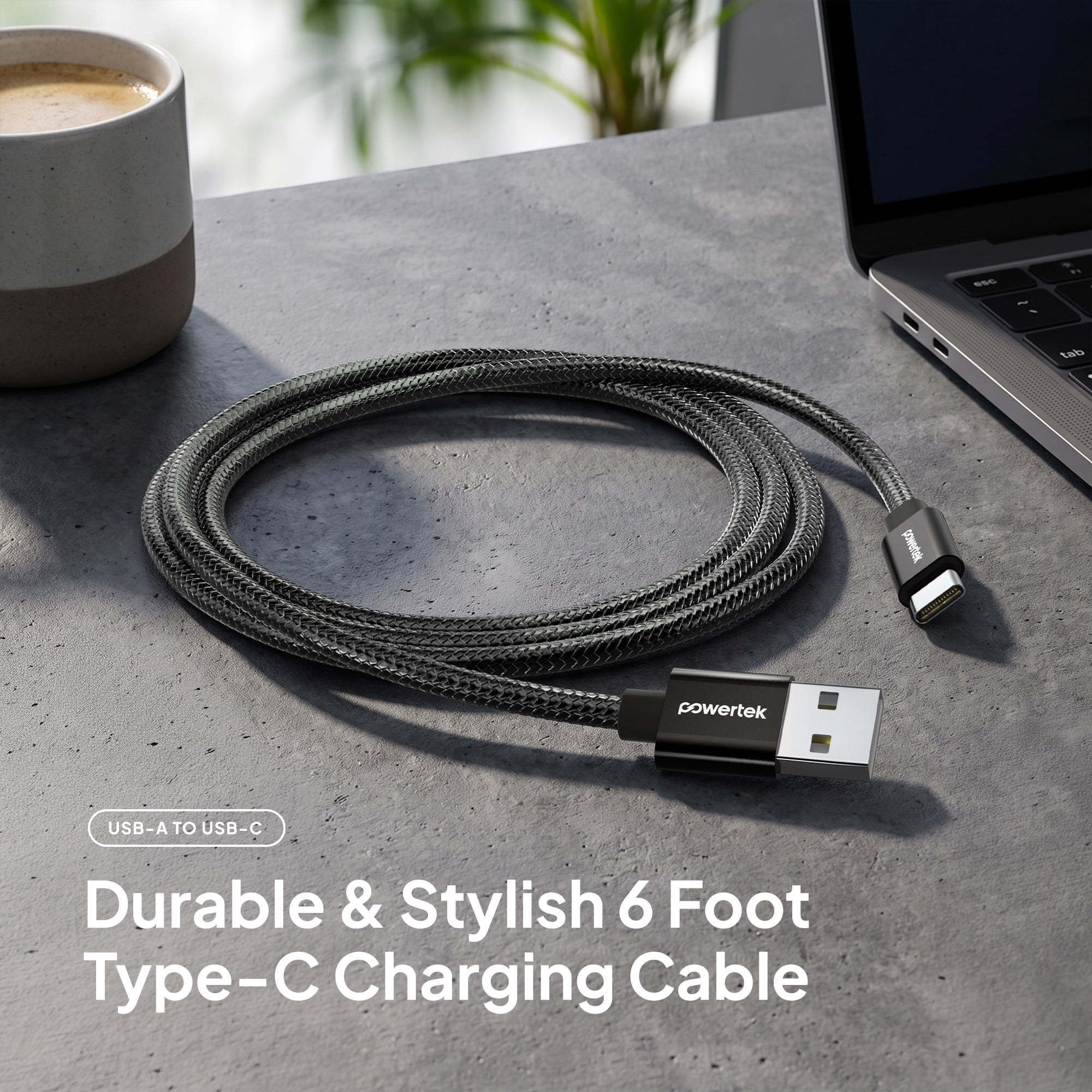 Powertek Luxe 6ft USB-A to USB-C Cable, Gray, Fast Charge & Sync, Metallic Mesh PVC Jacket, Durable Tangle-Free Design