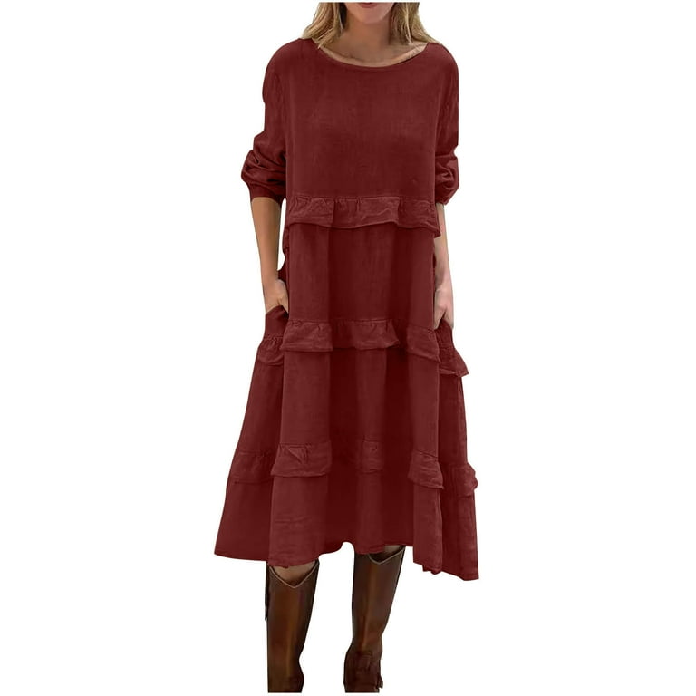 Dxzfnsa Women's Fall Dresses 2025 Long Sleeve Flowy Casual Floral Maxi Dress  Crew Neck Smocked Tiered Long Dress(Red,S-3XL) - Walmart.com
