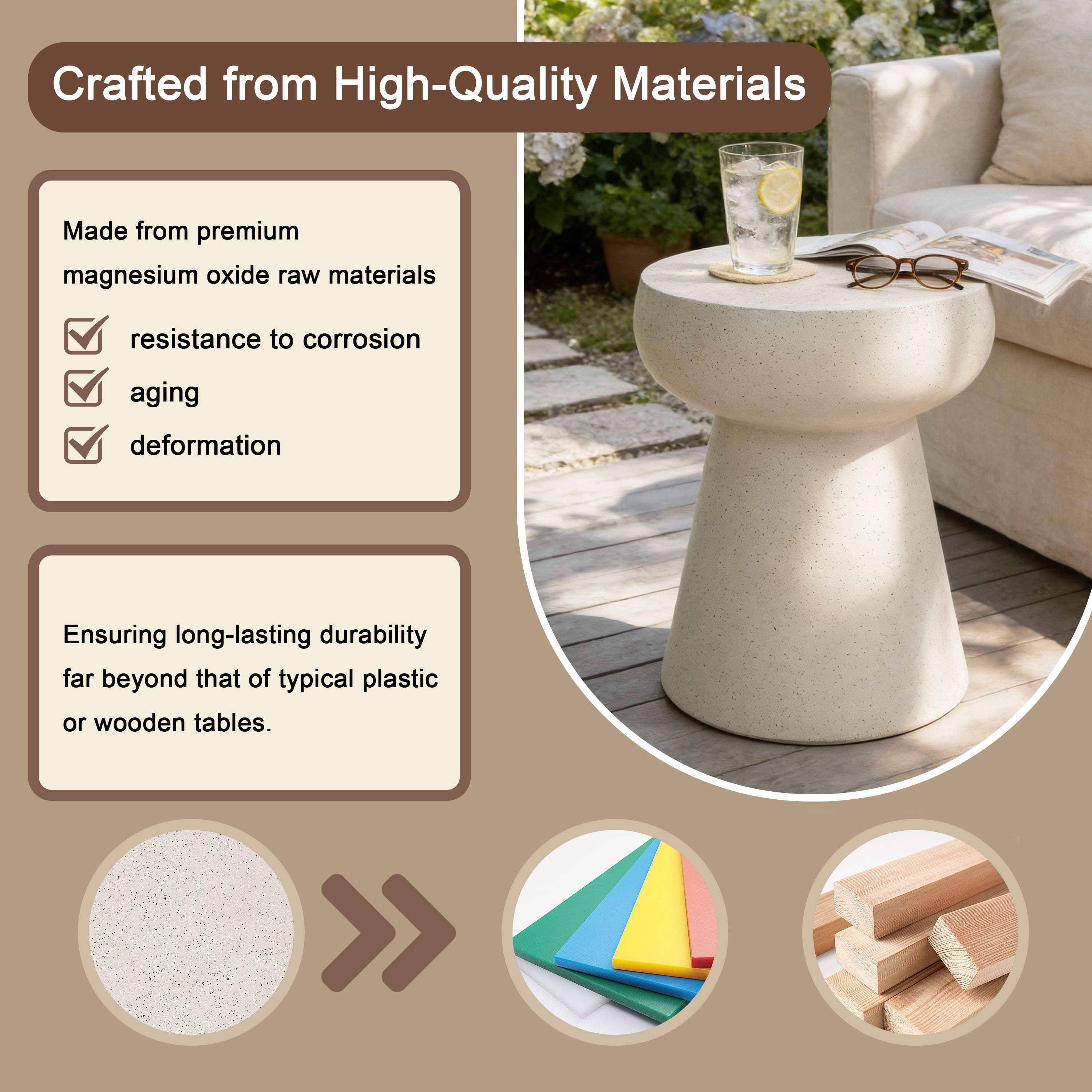 Mintazer 19.68" H Mushroom-Shaped Outdoor Side Table, Geometric Pedestal End Table with Travertine Texture, Modern Accent Table for Patio Living Room, Beige & Yellow