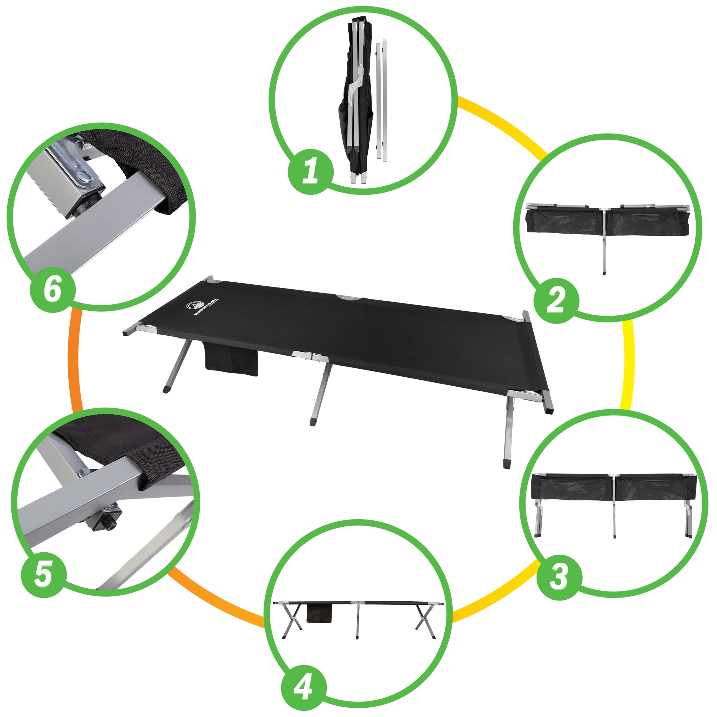 Wakeman Outdoors Camping Cot - Folding Camp Bed with Storage Pocket, Black