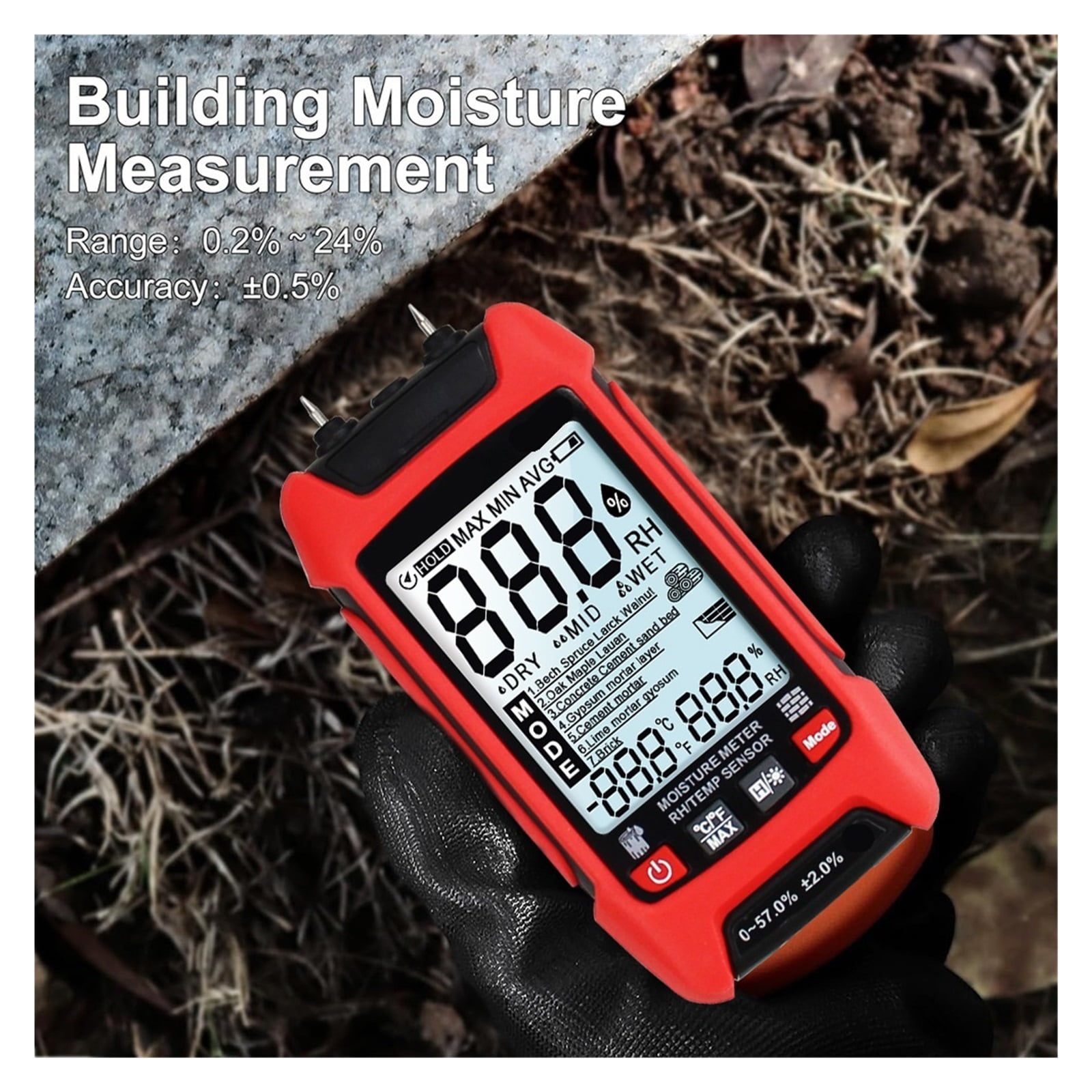 Probe Wood Moisture Detector Timber Hygrometer Display Digital Backlight Temperature Humidity Meter