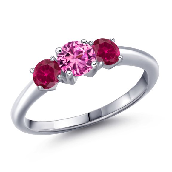 Gem Stone King 925 Sterling Silver Pink Created Sapphire and Red Created Ruby Engagement Ring for Women | 1.05 Cttw | Round 5MM | Gemstone September Birthstone | Size 8