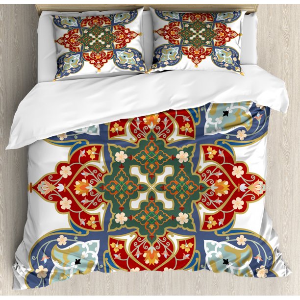 Oriental Duvet Cover Set, Turkish Ottoman Arabic Eastern Design Flowers Moroccan Image