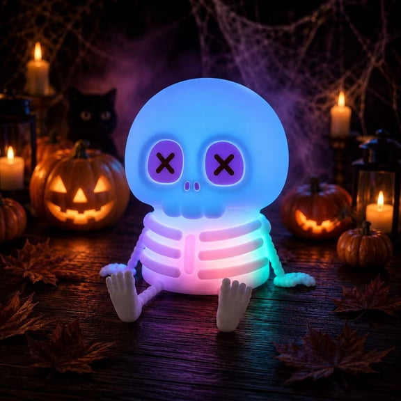 RGB Skeleton Lamp, Color Changing Skull Night Light with Tap Control, Rechargeable Silicone Halloween Room Decor for Bedroom, Desk and Party