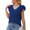 thumbnail image 1 of Top de verano para mujer, cuello en V, hombros fruncidos, manga corta con volantes, Tops básicos sueltos informales elegantes, azul marino XXL, 1 of 7