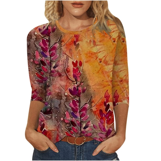 Gibobby Blusa Termica Mujer Tres cuarto Round Top Impreso T Camisa Casual Ladies Manga de cuello suelto Posicionamiento de la rubia de la mujer(Amarillo, L)
