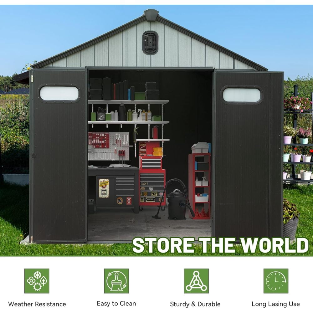 All-Weather Resin Tool Shed - 8x12FT Outdoor Storage with Windows & Reinforced Floor (UV-Resistant)