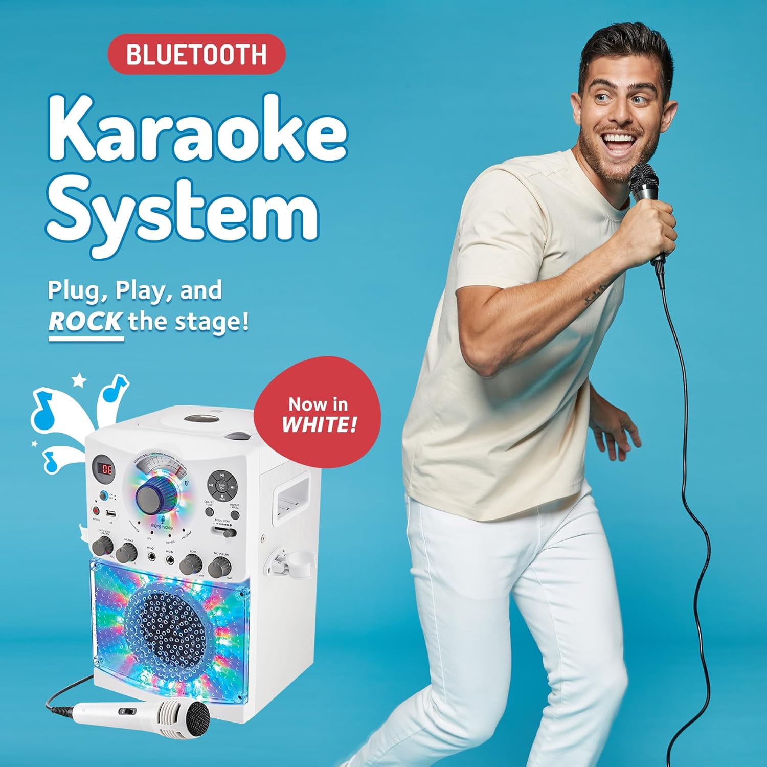 Singing Machine SML385UW Bluetooth Karaoke System with LED Disco Lights, CD+G, USB, and Microphone, White