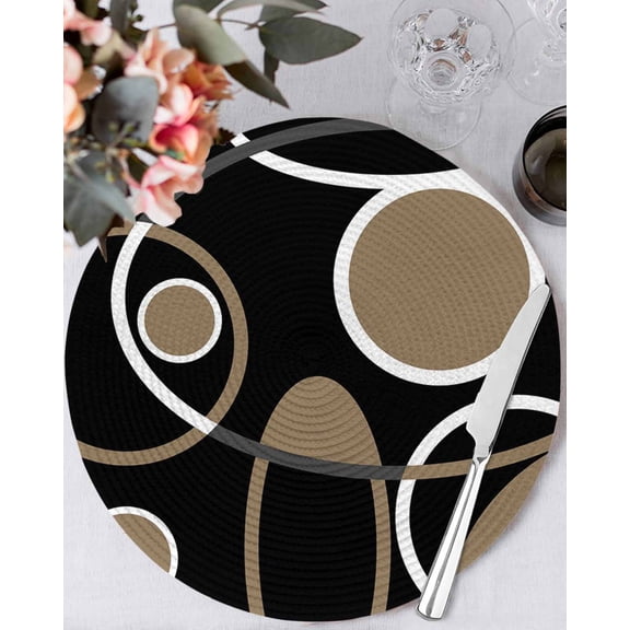 15 Inch Round Placemats Set of 6, Black Brown Non Slip Heat Insulation PP Table Mats, White Circle Modern Minimalist Geometric Washable Place Mats for Kitchen Dining Party Table Decor