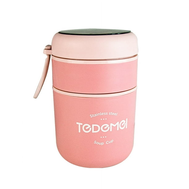 TAZA TERMO DOBLE ESPACIO DESMONTABLE Acero inoxidable, 2 contenedores, ideal para líquidos y sólidos, incluye cuchara desmontable, anillo de goma anti derrames, válvula de salida de vapor.