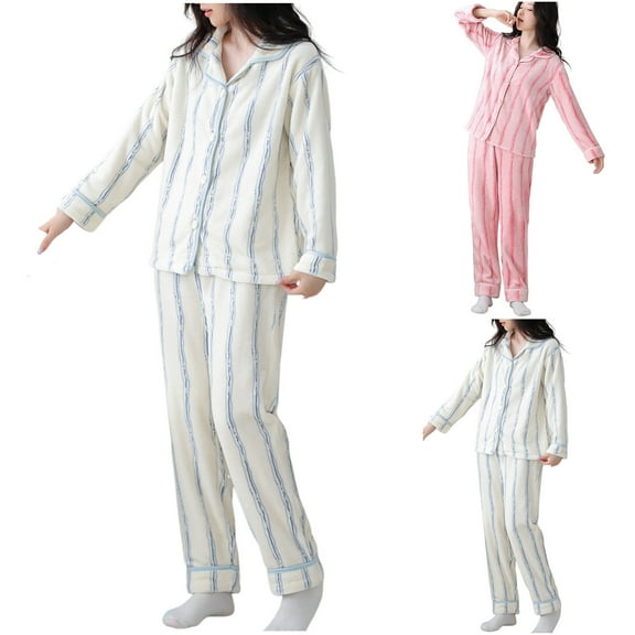 VBTAPA Flannel Pajamas for Women 2 Piece Cozy Pj Set Long Sleeve Sleepwear Striped Button Down Shirts and Pants Matchig Lounge Set White XL