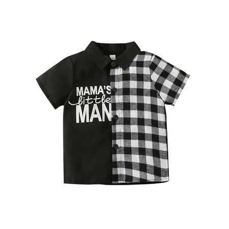 

Genuiskids Toddler Baby Boys Short Sleeve Tops Summer Infant Casual Letter Printed Plaid Patchwork Lapels Button-up T-shirt Streetwear 6M-4T