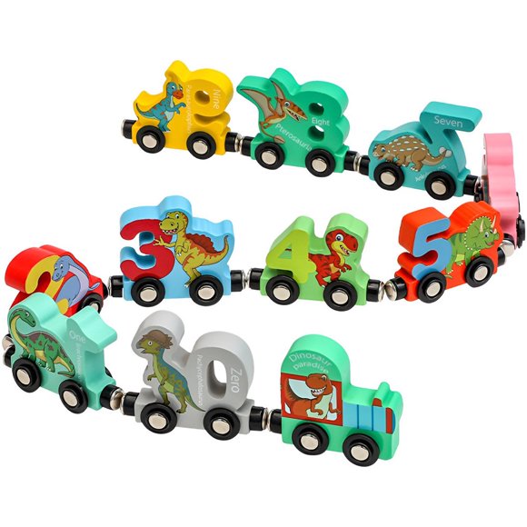 11Pcs Wooden Dinosaur Number Train Set Toddler Dino Train Toy Train Set with Dinosaur Learning Toy