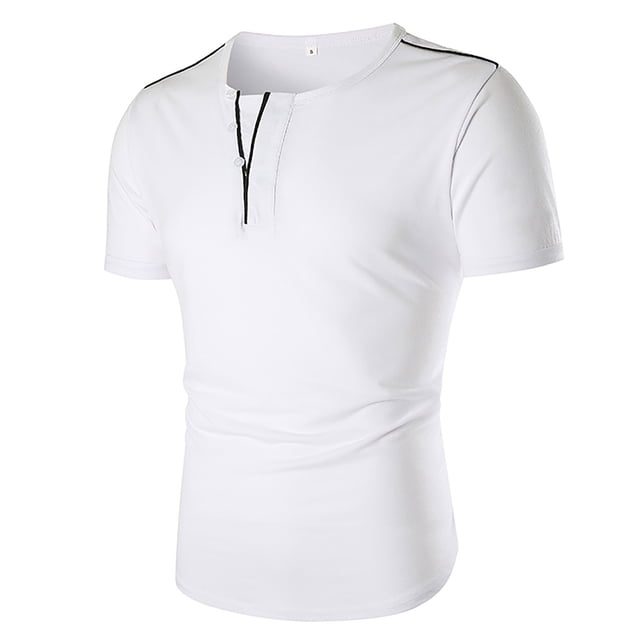 CEHVOM Men Short-Sleeved V-neck Patchwork Buttons Blouse Pullover TShirt Tops