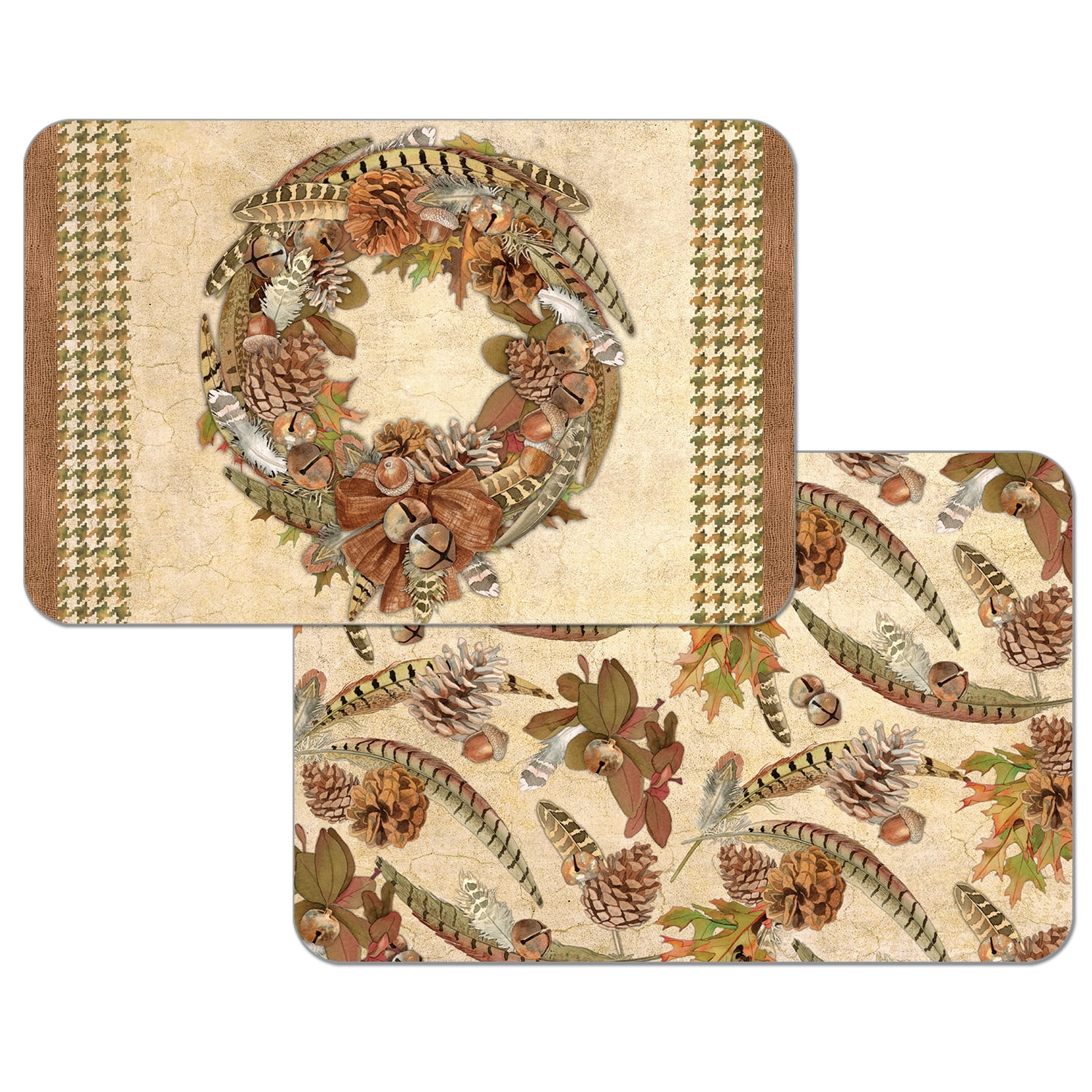 WipeClean Reversible Holiday Placemats, Pheasant Wreath, Set of 2