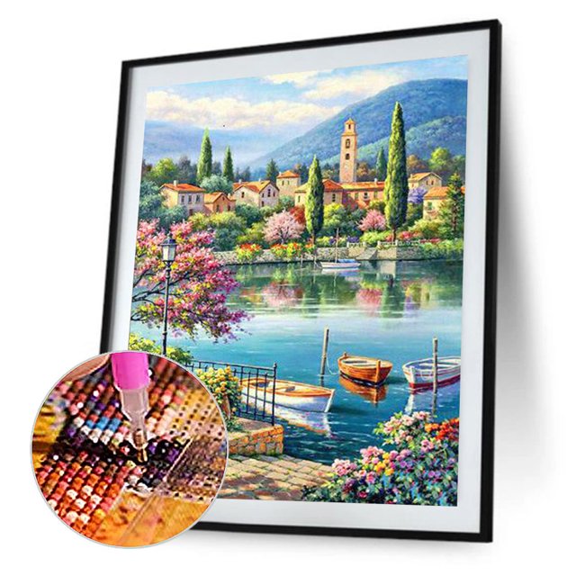 Cuadros Decorativos Cuadro de arte de mosaico de diamantes de imitación de río de ciudad pequeña de pintura de diamantes DIY 5D para el hogar DQrwqpou Nuevos Originales