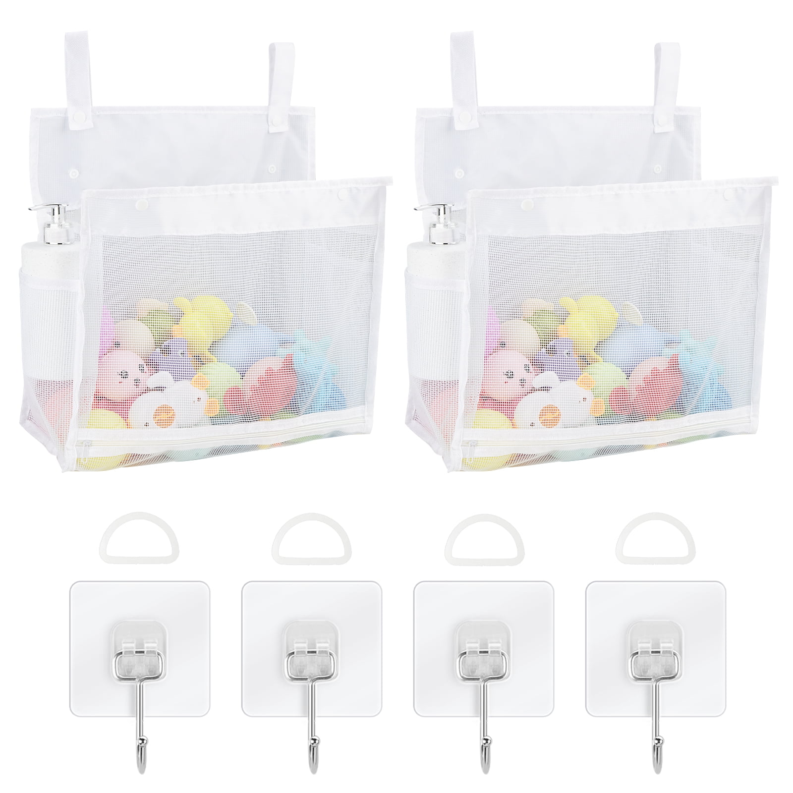 DODAMOUR 2 Pack Mesh Bath Toy Organizer with Hooks, Bottom Zipper Storage Bag for Bathtub (White)