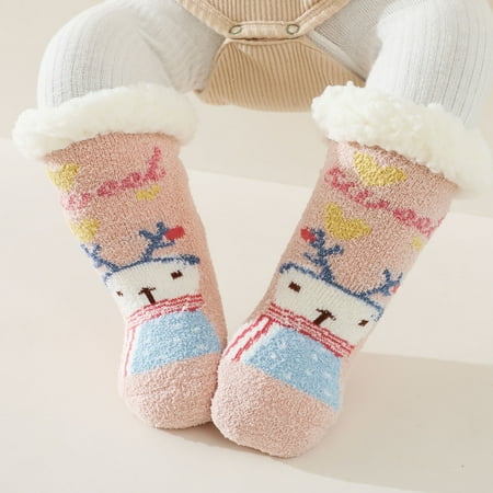 

Leutsin Toddler Boys Girls Solid Color Cartoon Socks Keep Warm Plush Kids Soft Non-slip Indoor Toddler Socks