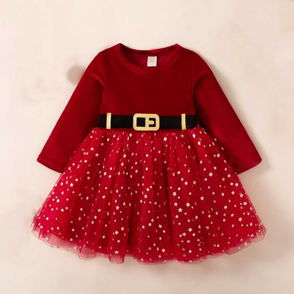 NAISIBABY Girls Christmas Dress, Long Sleeve Sequined Mesh Plush Holiday Party Princess Dress Red 2-3T