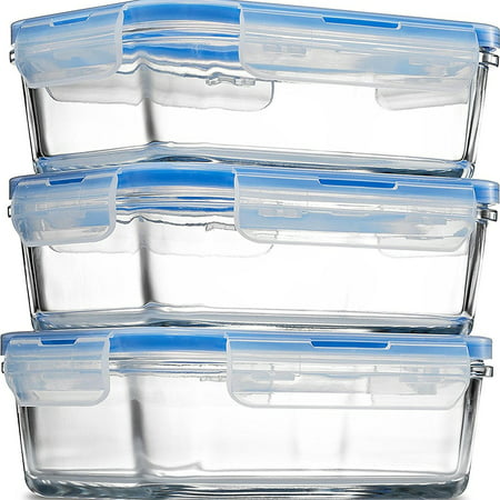 ShopoKus Glass Meal Prep Containers - 3-pack (35oz) BPA-free Airtight Food Storage Containers with 100% Leak Proof Locking Lids, Freezer to Oven Safe Great on-the-go Portion Control Lunch