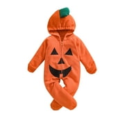 Ehfomius Halloween Baby Boy Girl Pumpkin Hooded Romper Tops Costume Long Sleeve One Piece Full Zip Footed Jumpsuit Warm Fall Outwear
