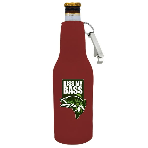 Kiss My Bass Beer Bottle Coolie With Opener (Burgundy)