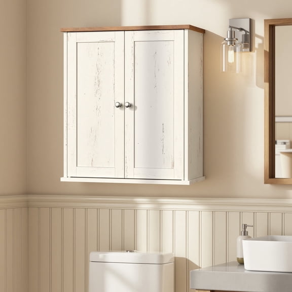 VASAGLE SIREN Collection - Bathroom Wall Cabinet, Hanging Bathroom Storage Cabinet, for Medicines, Farmhouse, 2 Adjustable Shelves, 7.9 x 22 x 23.6 Inches, Rustic White and Honey Brown