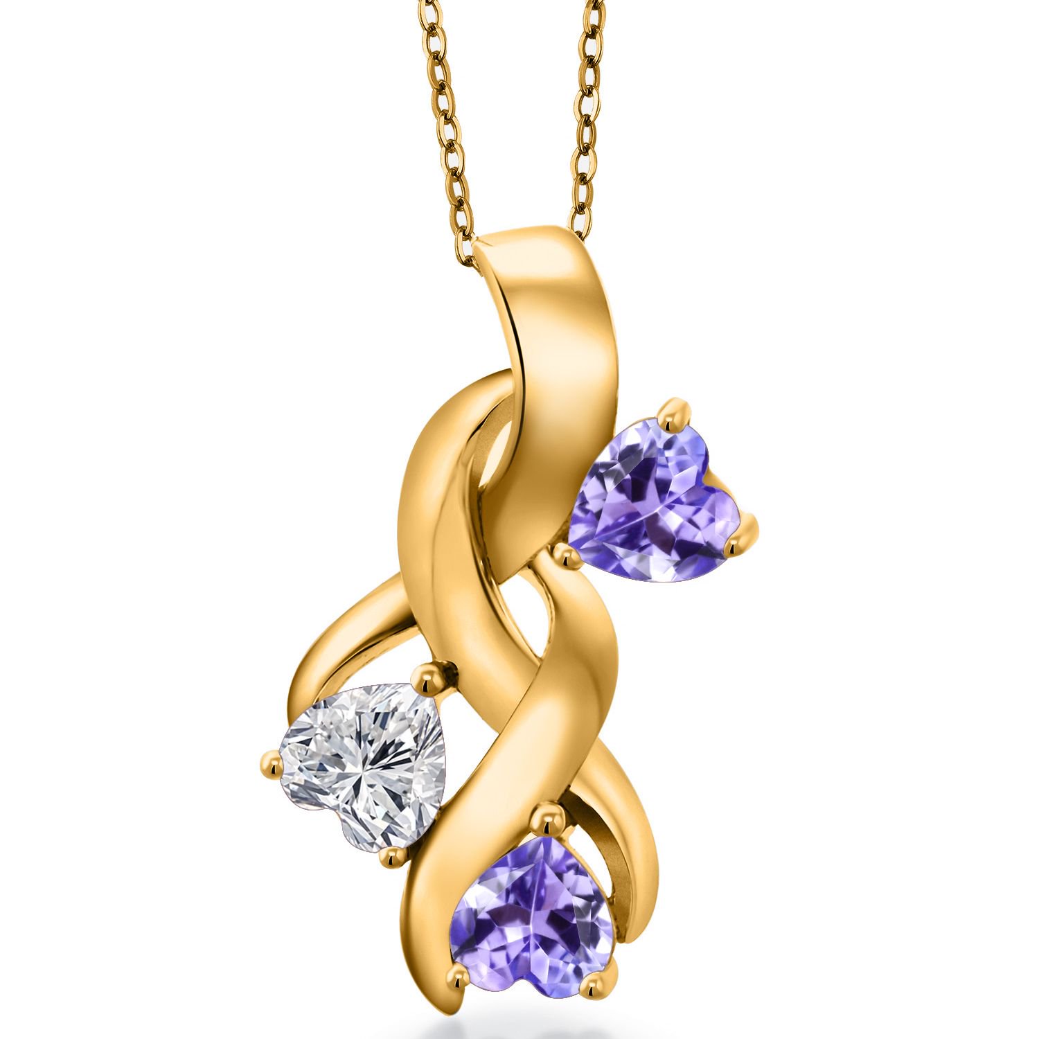 Gem Stone King 18K Yellow Gold Plated Silver Lab Grown Diamond and Blue Tanzanite Pendant Necklace for Women | 1.44 Cttw | Gemstone April Birthstone | Heart Shape 5MM | With 18 inch Chain