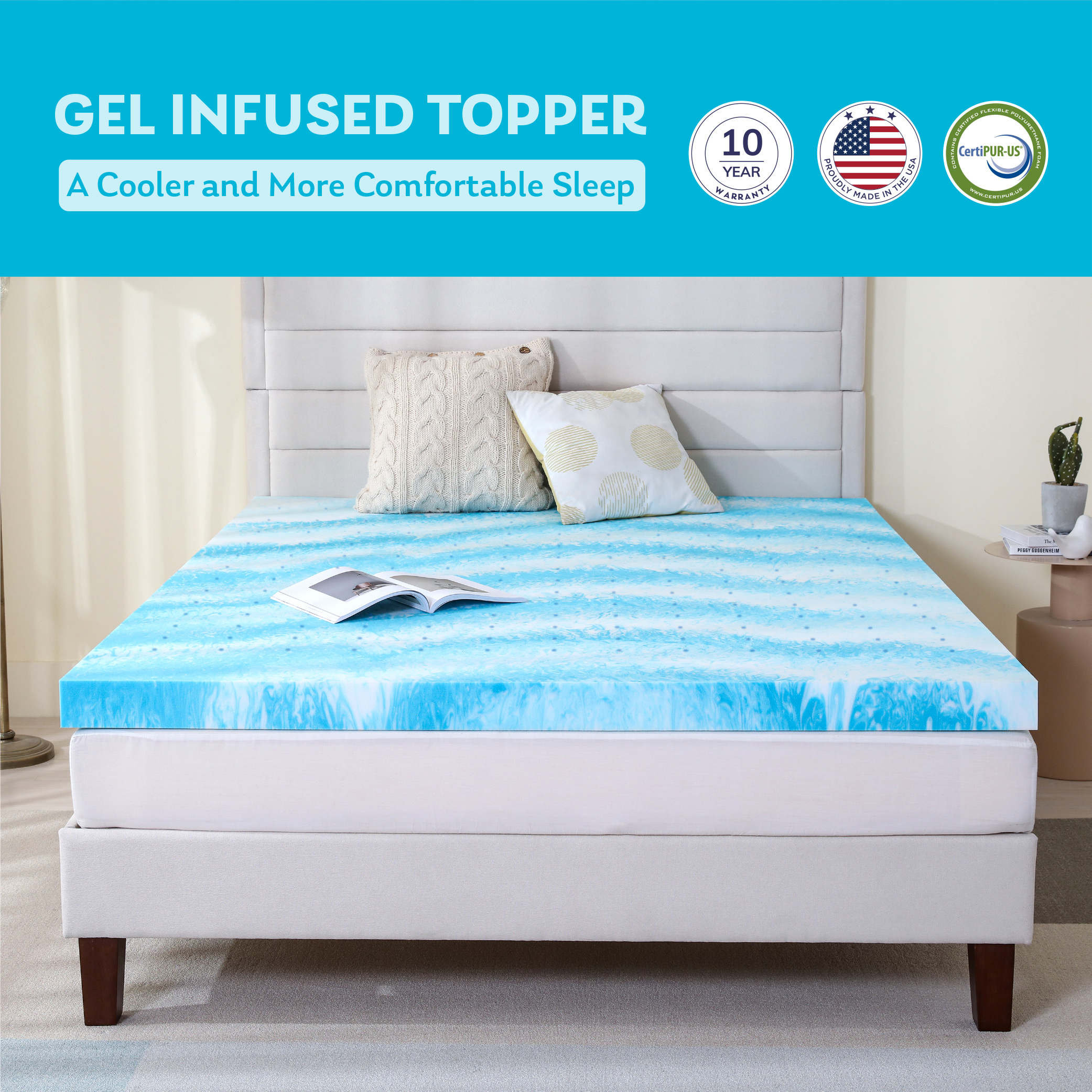 Ecossentials 3 Memory Foam Mattress Topper, Queen - Blue