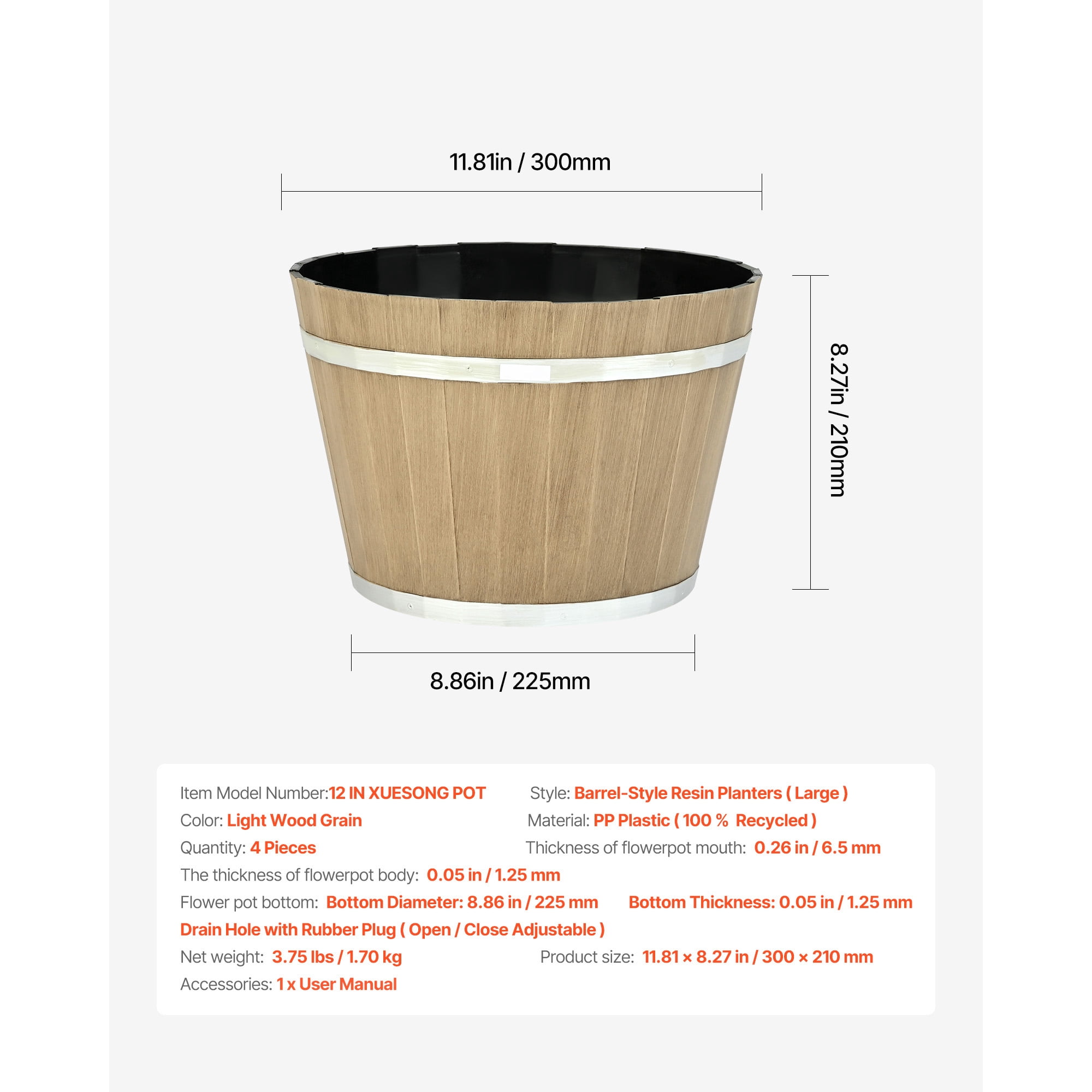 KFFKFF Set of 4 Large 11.81-inch Whiskey Barrel-Style Planters with Drainage Holes, Durable Plastic Flower Pots for Indoor and Outdoor Use, Rustic Brown Design for Gardens, Homes, and Plants