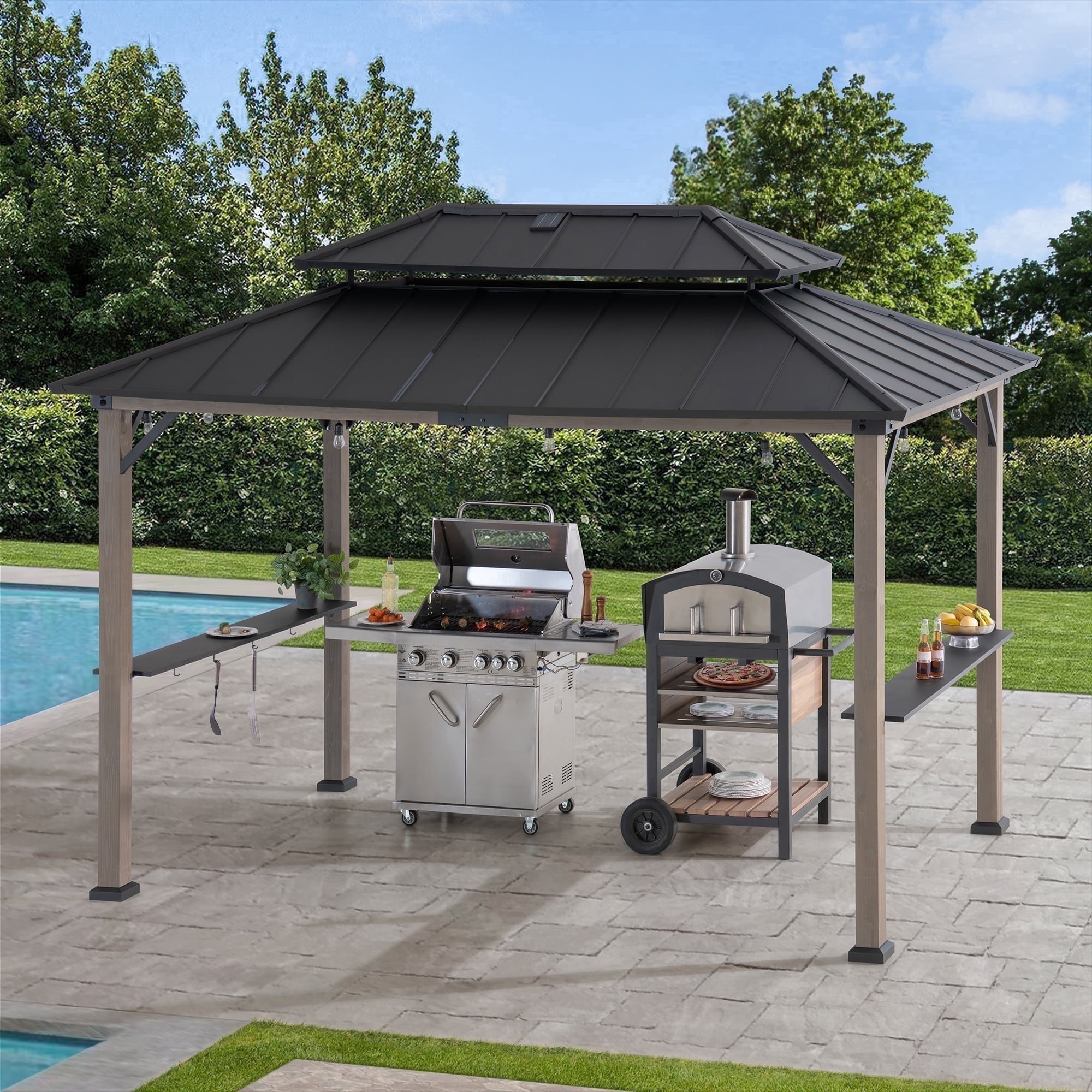 Sunjoy 8ft. x 12 ft. Larger Ventilated Roof Premium Cedar Framed Grill Gazebo with DC Solar Power