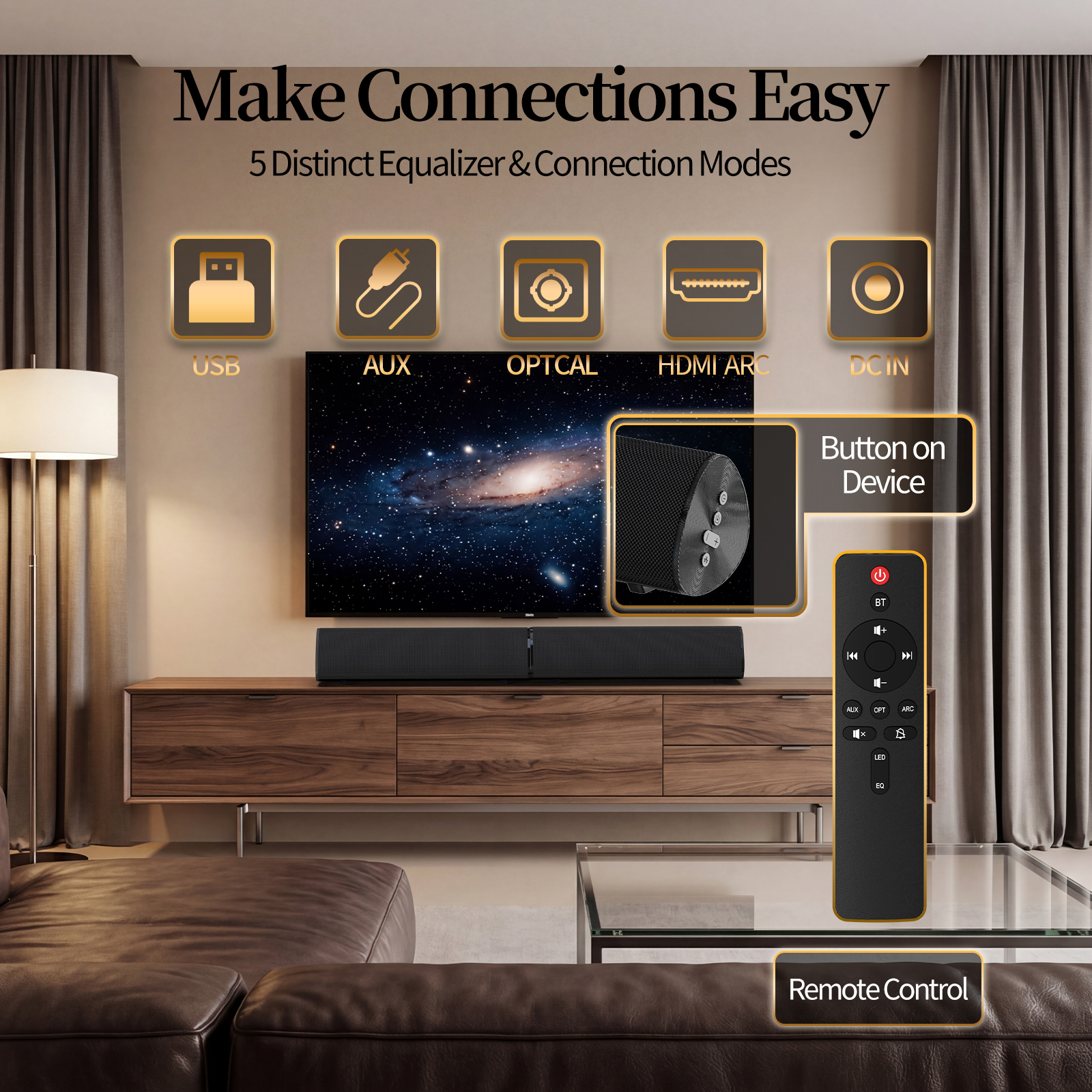Barra de sonido Jierben para TV inteligente, desmontable 2 en 1, sistema de cine en casa con 3 modos de ecualización, conexión Bluetooth 5.4/HDMI-ARC/Óptico/AUX para PC/Juegos/Proyectores 6
