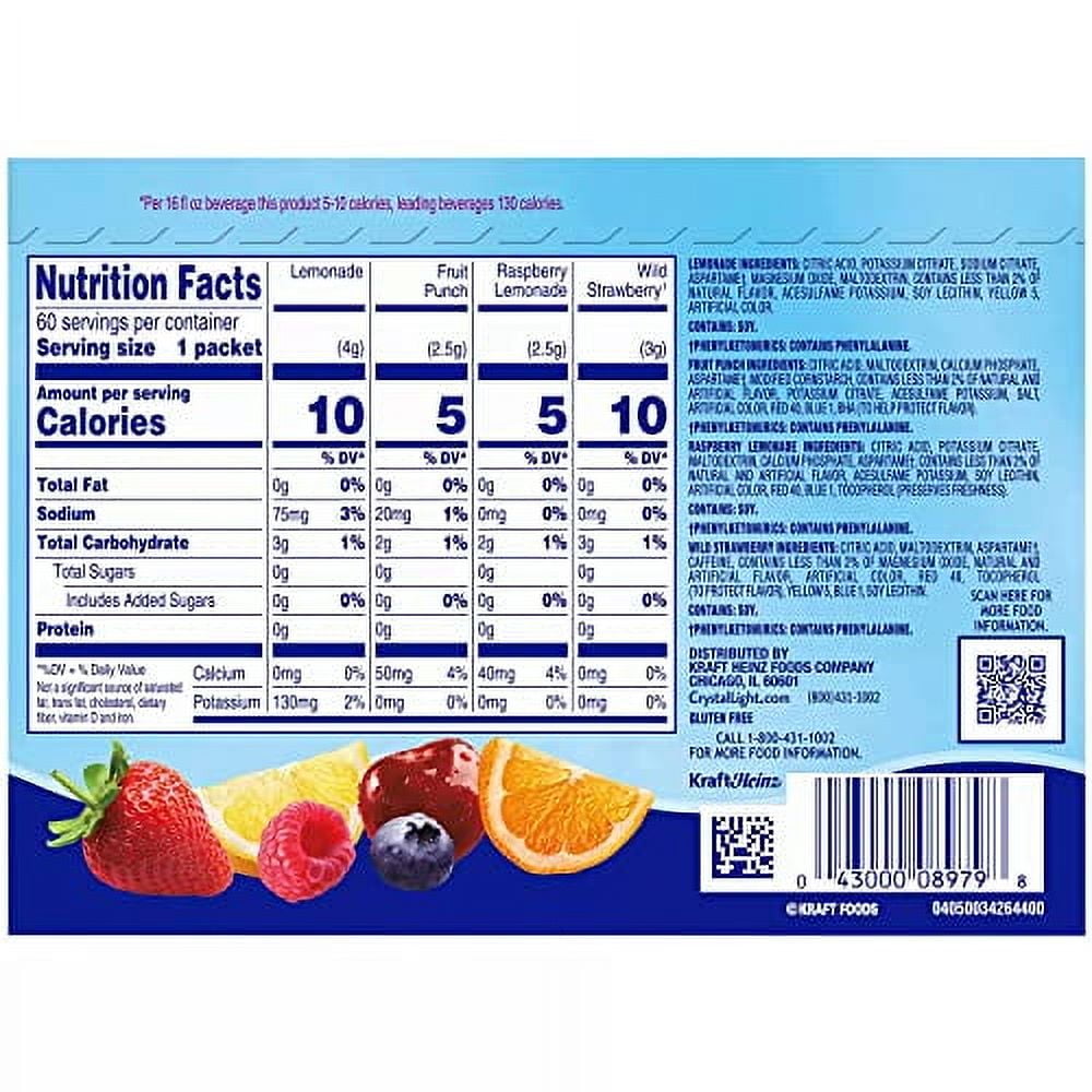 Crystal Light Sugar-Free, Lemonade, Fruit Punch, Raspberry Lemonade and Wild Strawberry On-The-Go Powdered Drink Mix Variety Pack, 60 Count, Each Packet Fits into a 16.9 oz. bottle or cup